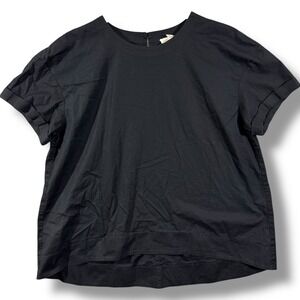 Eileen Fisher Boxy Top Black Organic Cotton Cuffed Sleeve Womens Small